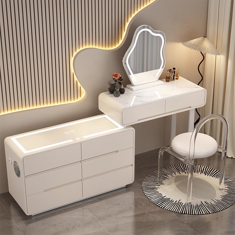 Simplistic Large Vanity Set with Stone Table Top, Clear Seating, 8 Drawers, and Mirror Lights