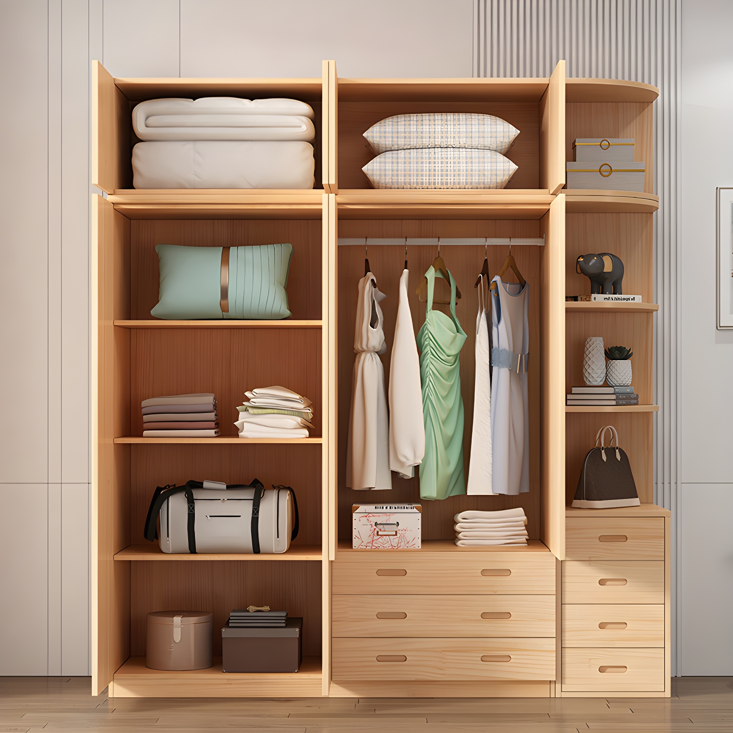 Modern Natural Pine Wardrobe Armoire with Drawers and Clothing Rod - image 9