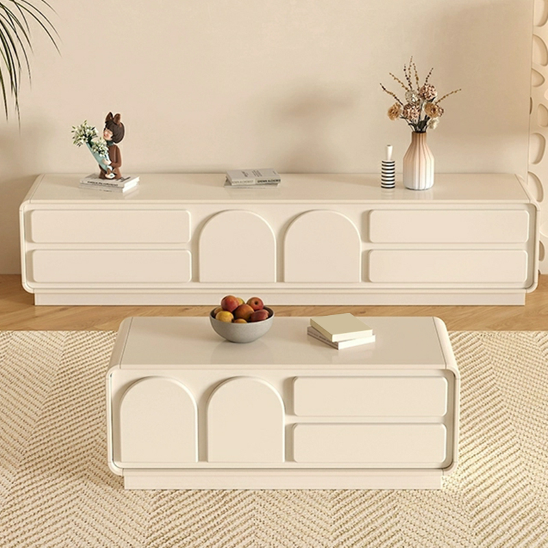 White Modern TV Stand with Low Height, 4 Drawers, 1 Cabinet and Legs - Full Assembly Needed