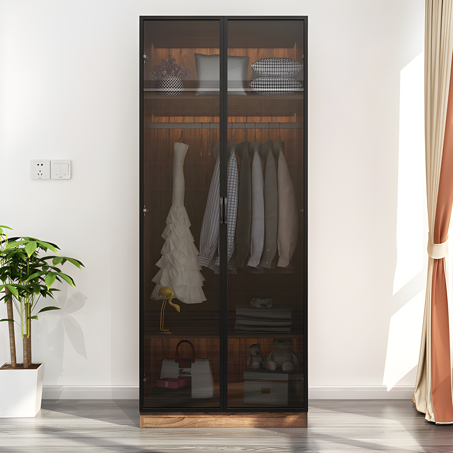 Modern Freestanding Wardrobe Armoire Tempered Glass Doors Wardrobe with Shelves