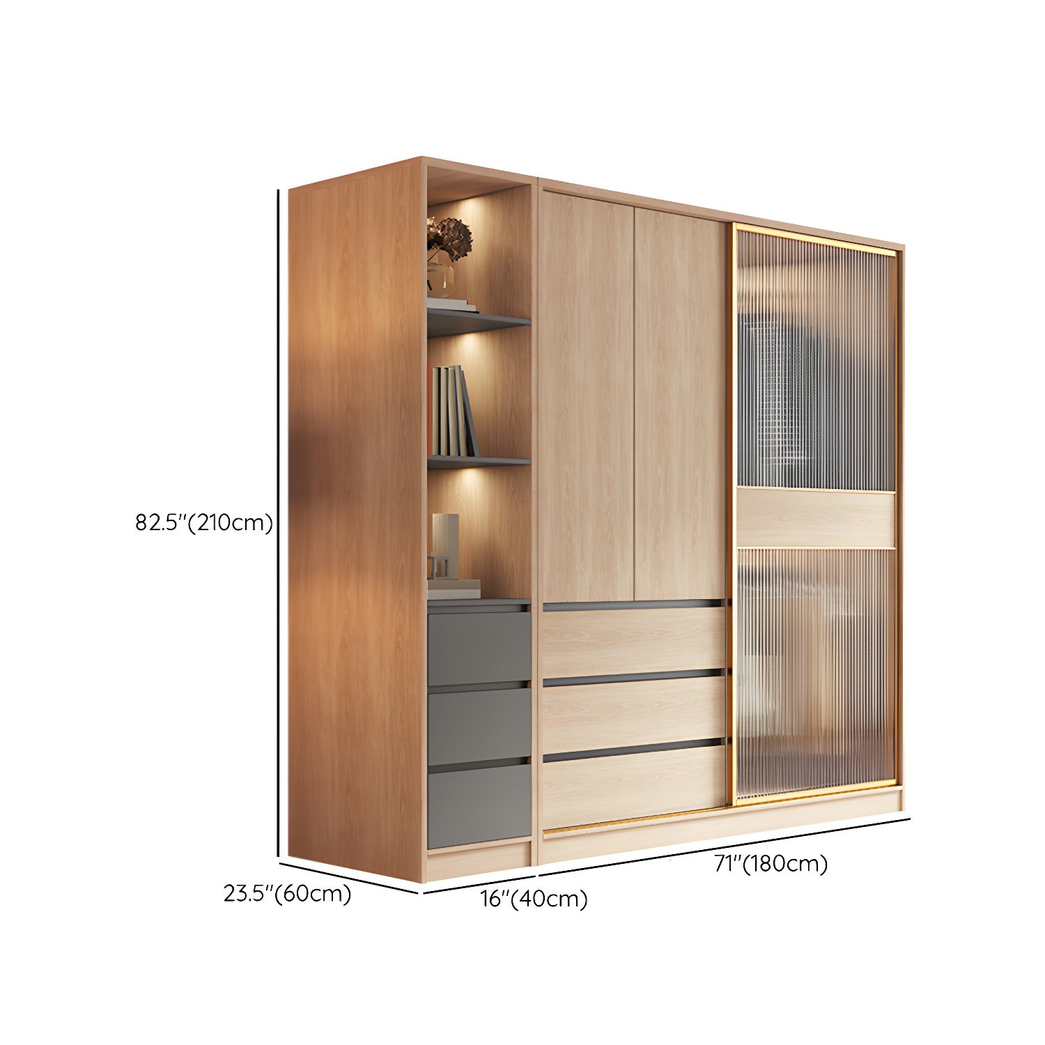 Contemporary Glass Sliding Doors Wardrobe Natural Wood Wardrobe with Drawers - image 20