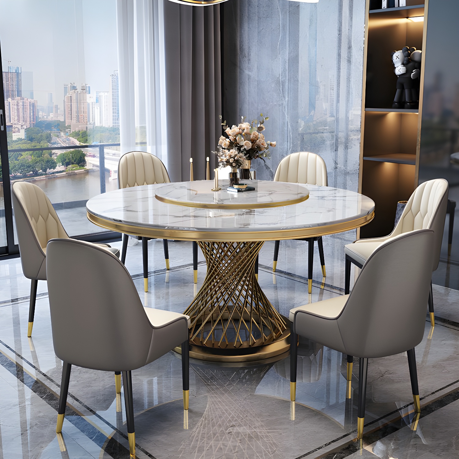 1/5/7/9 Pcs Dining Set with Round Marble Table and Padded Chairs - image 3