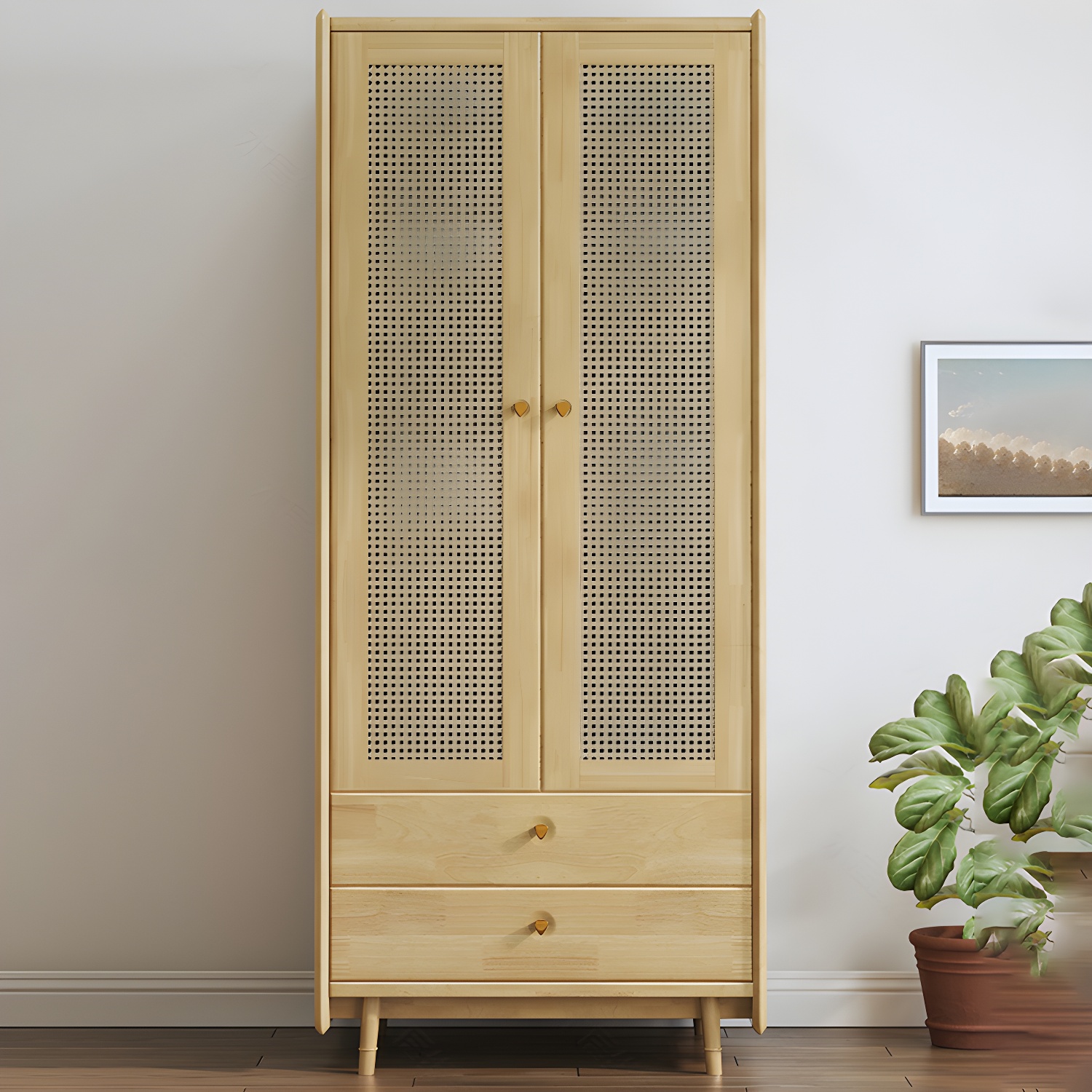 Rubberwood Solid Wood Frame Wardrobe Modern Rattan Hinged Doors with Legs