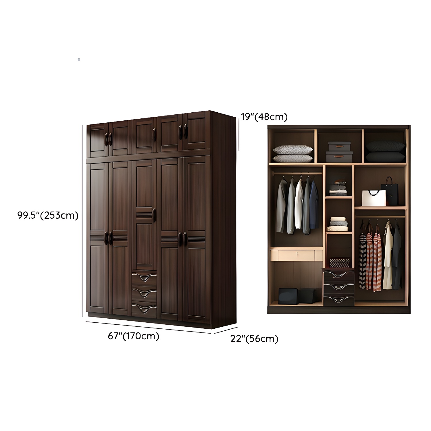 Traditional Black-brown Storage Wood Wardrobe with Clothing Rod and Shelves - image 19
