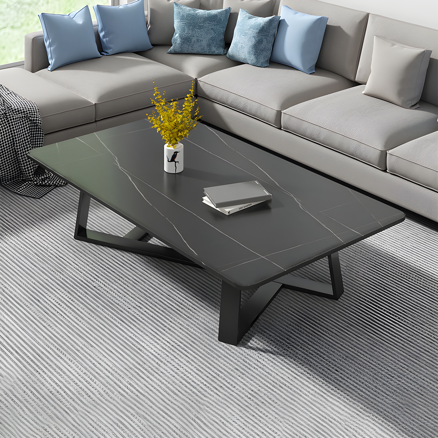 Stone and Metal Coffee Table Contemporary Coffee or End Table with Cross Legs
