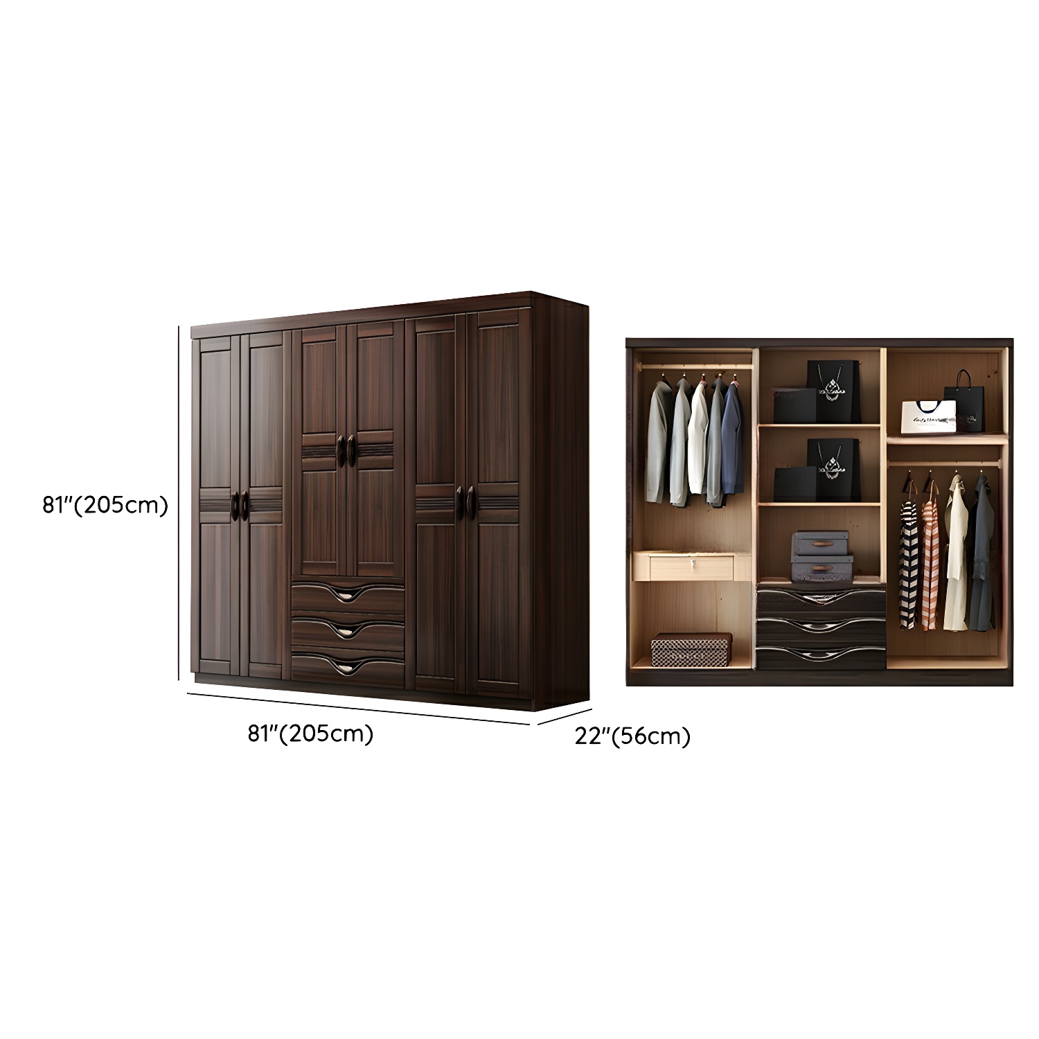 Traditional Black-brown Storage Wood Wardrobe with Clothing Rod and Shelves - image 12