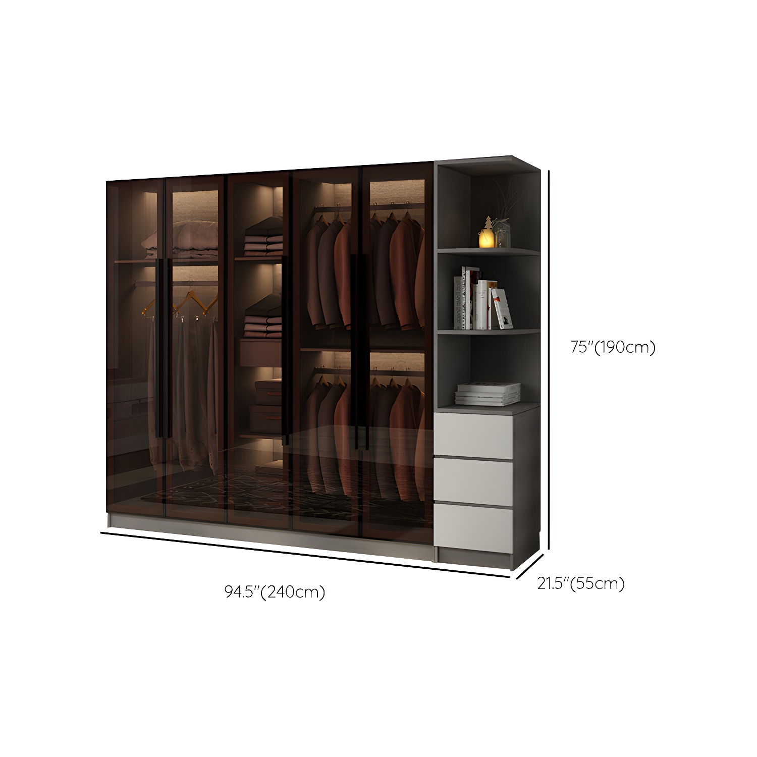 Modern Glass Hinged Doors Wardrobe Armoire Wood Frame Wardrobe with Shelves without Light - image 21