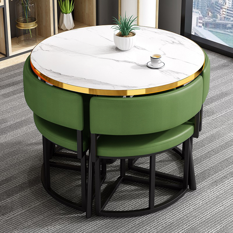Art Deco Circular-shaped Upholstered Chair Metal & Faux Wood Dining Table Set with Upholstered Back in White, 5 Pieces - image 26