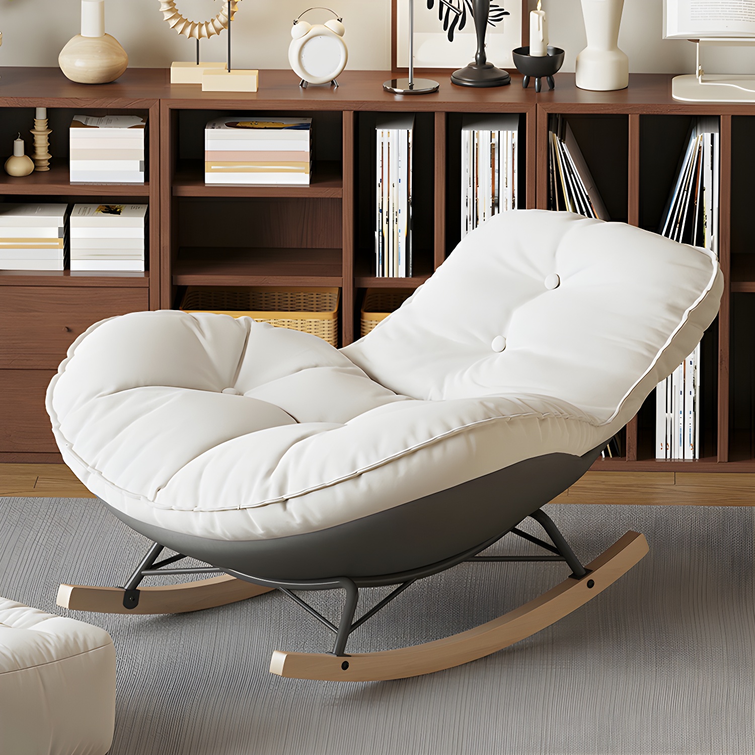 Contemporary Upholstered Rocking Chair with White Tufted Flannel Cushion and Solid Wood Legs - image 8