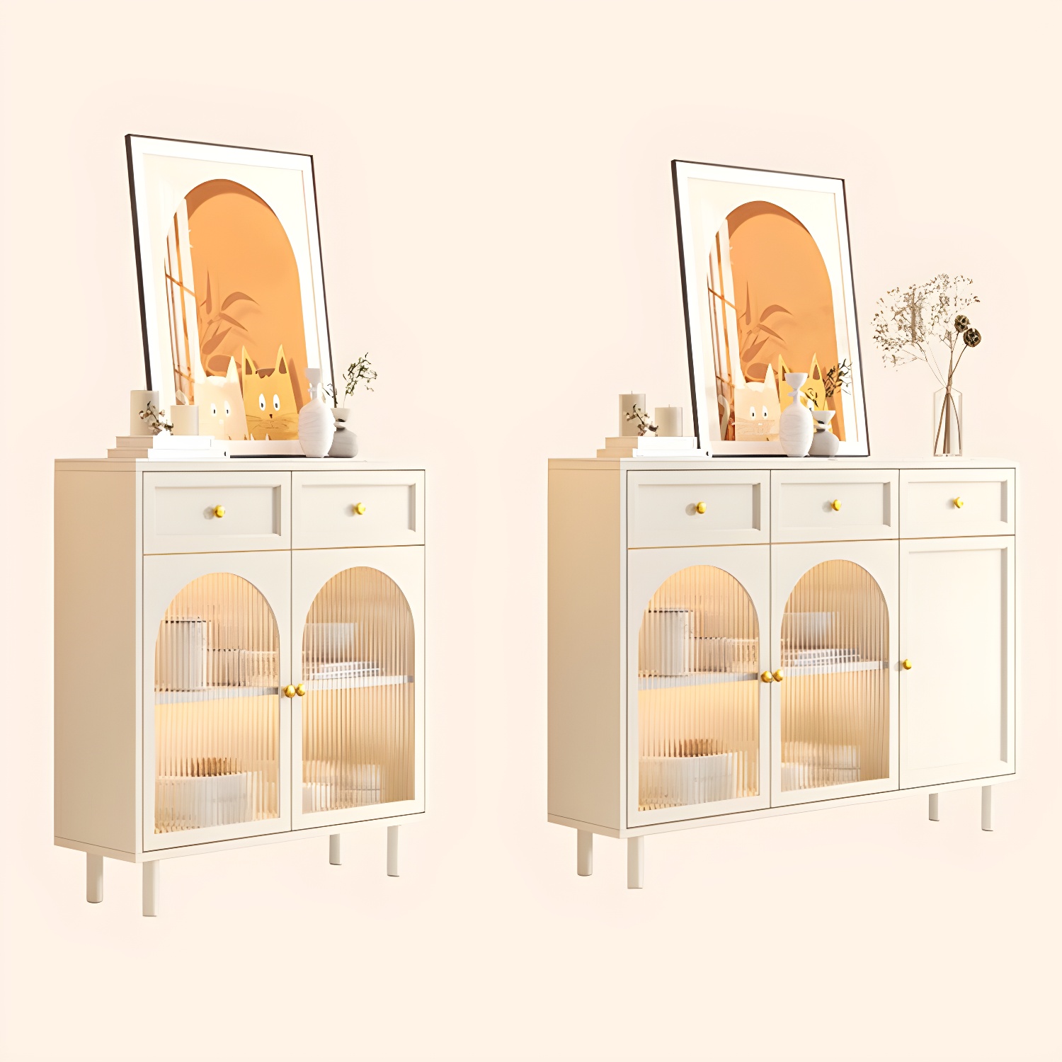 Scandinavian Wood Buffet Sideboard with Stone Countertop and Glass Doors - image 11