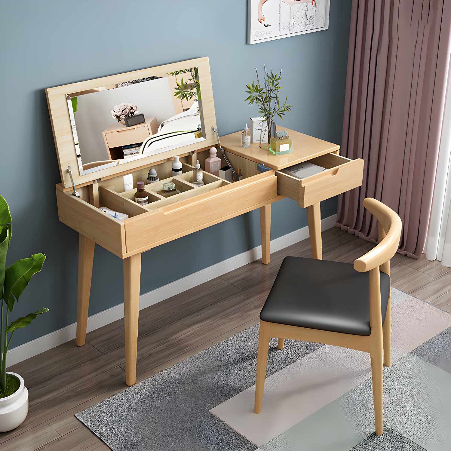 Scandinavian Solid Wood Vanity Makeup Table Set 1 Drawer Flip-Top Dressing Table - image 3