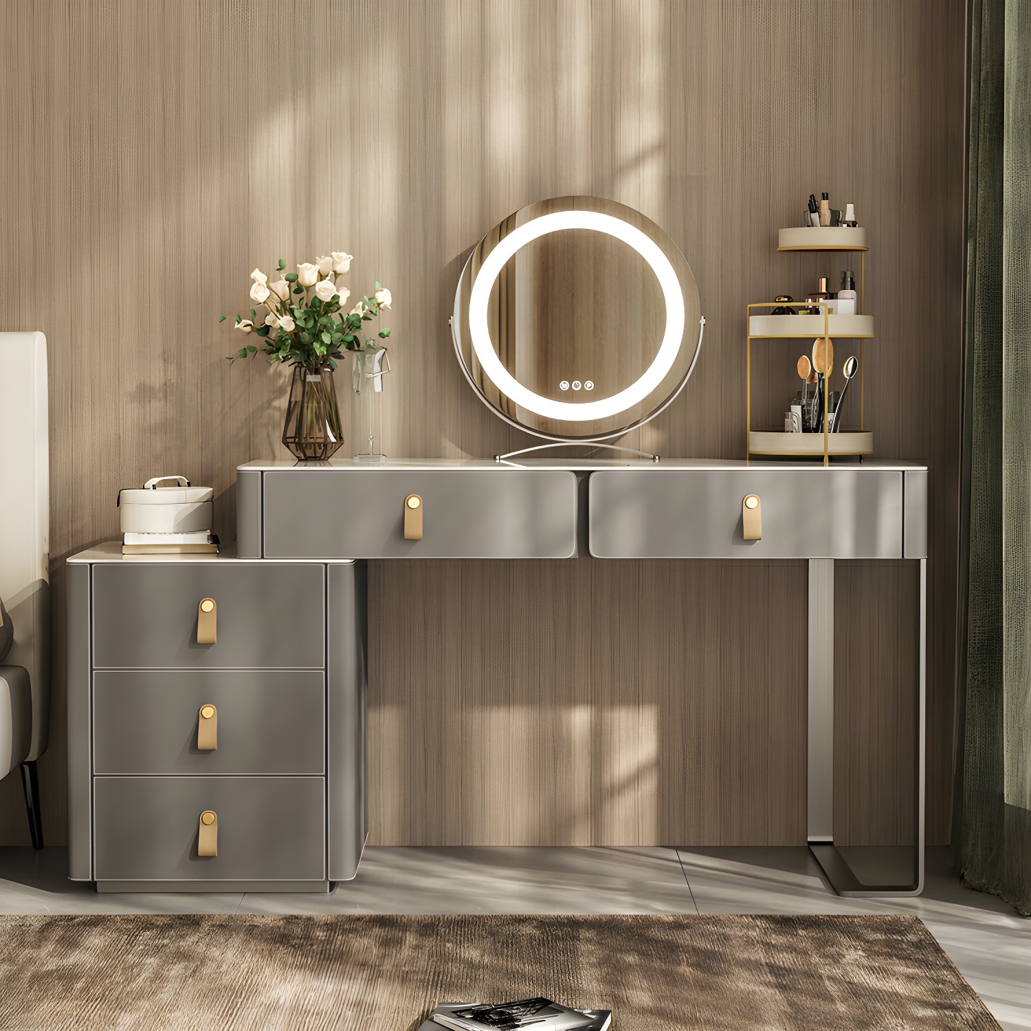 Contemporary 5-Drawer Wood Frame Slate Top Makeup Vanity Desk Table in Gray