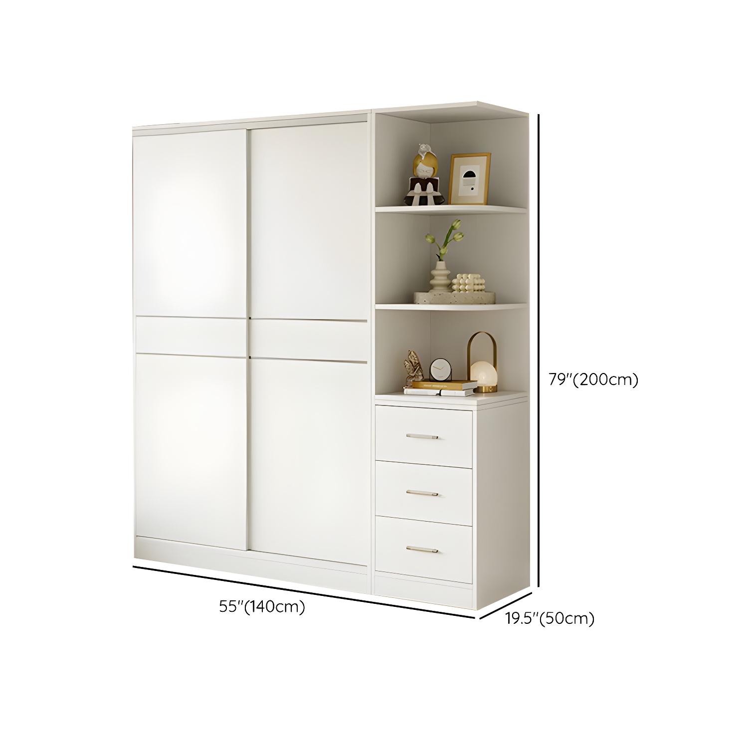 Modern White Wood Wardrobe Armoire with Sliding Doors, Shelves, and Soft Close Drawers - image 25