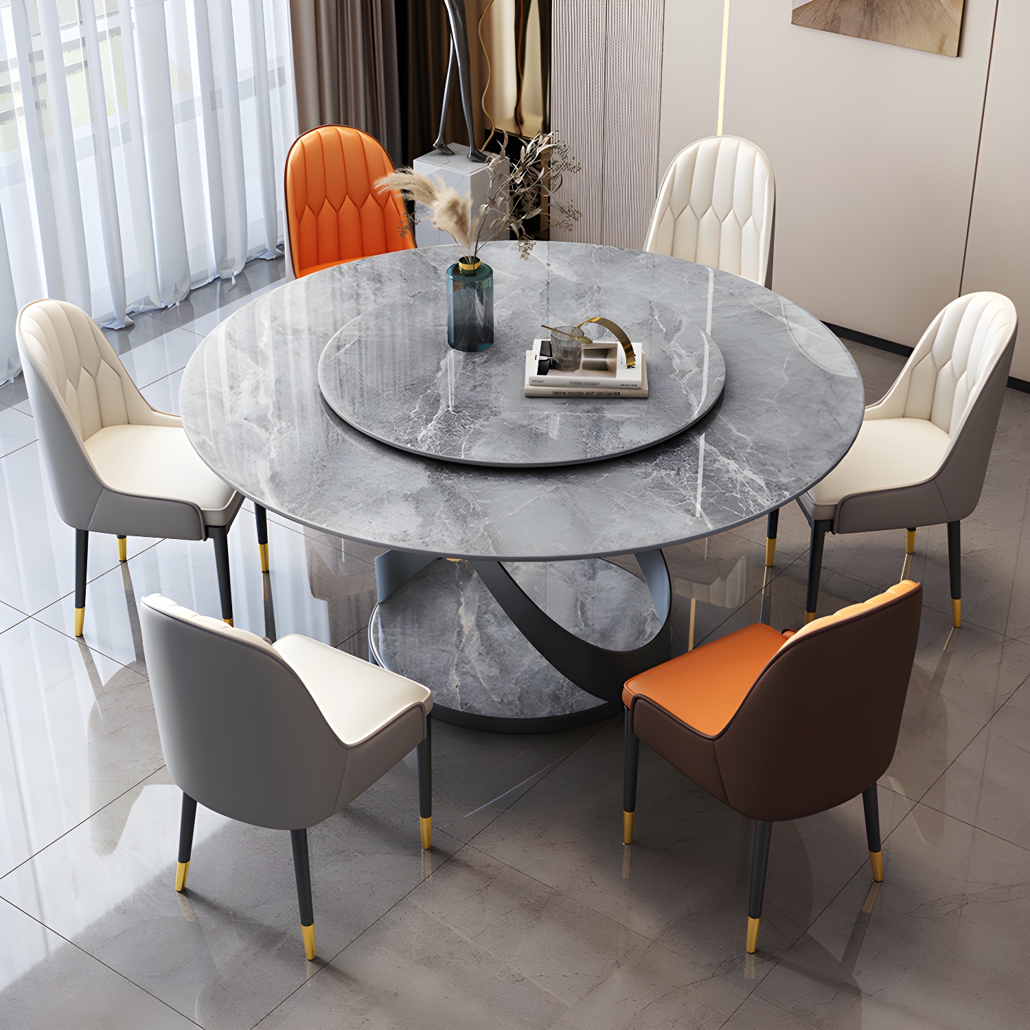 Modern Round Stone Top Lazy Susan Dining Table with Black Steel Pedestal - image 7