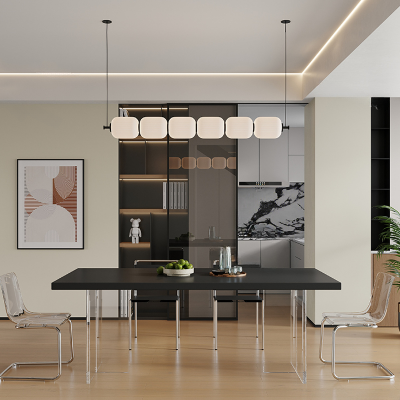 Minimalist Rectangular Dining Table Set with Two-sided Pedestal and Fixed Table, Featuring Back Chairs in Midnight Black