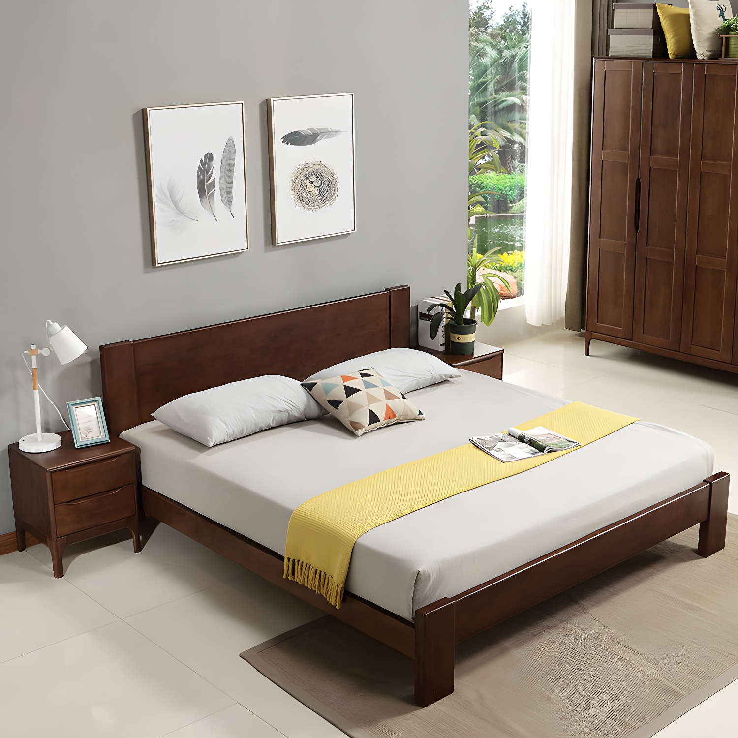 Modern Solid Color Panel Bed Rubberwood Standard Bed with Headboard - image 5