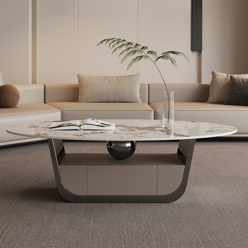Glamorous Oblong Stone Coffee Table with Abstract Base, Scratch-proof and Drawer for Small Spaces - image 4