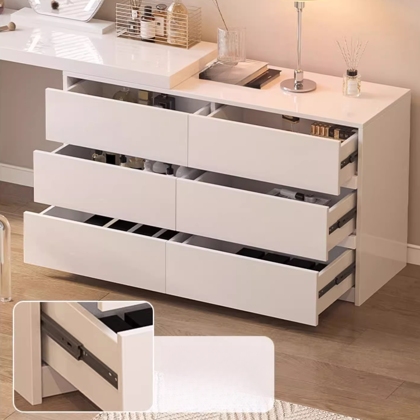 Large Vanity Set with Chalk Seating, 6 Drawers, Lumber Frame, Scalable 2-in-1 Design, and Chair - image 5