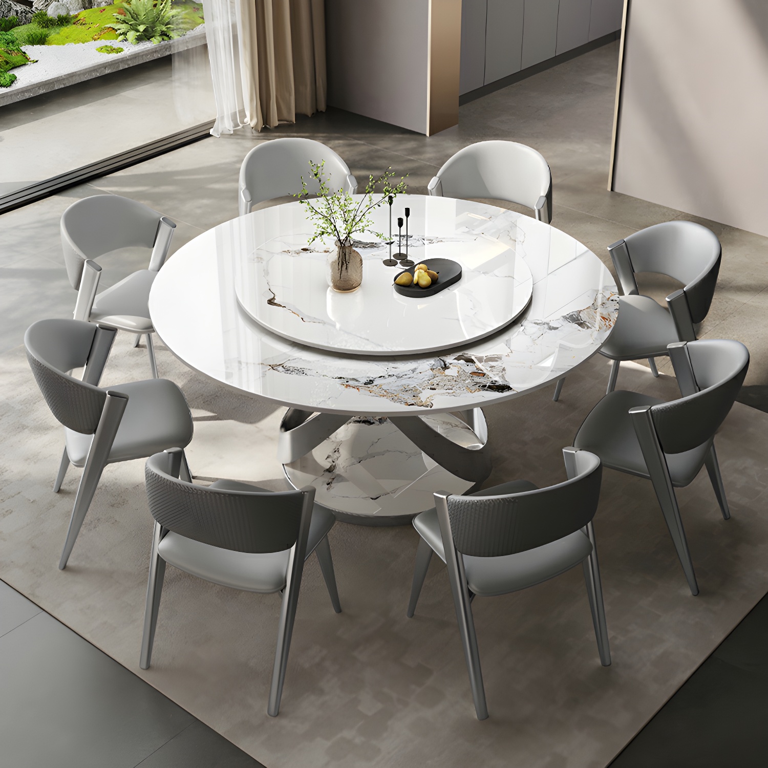 Stunning White Stone Round Dining Table with Lazy Susan and Silver Steel Pedestal Base - image 4