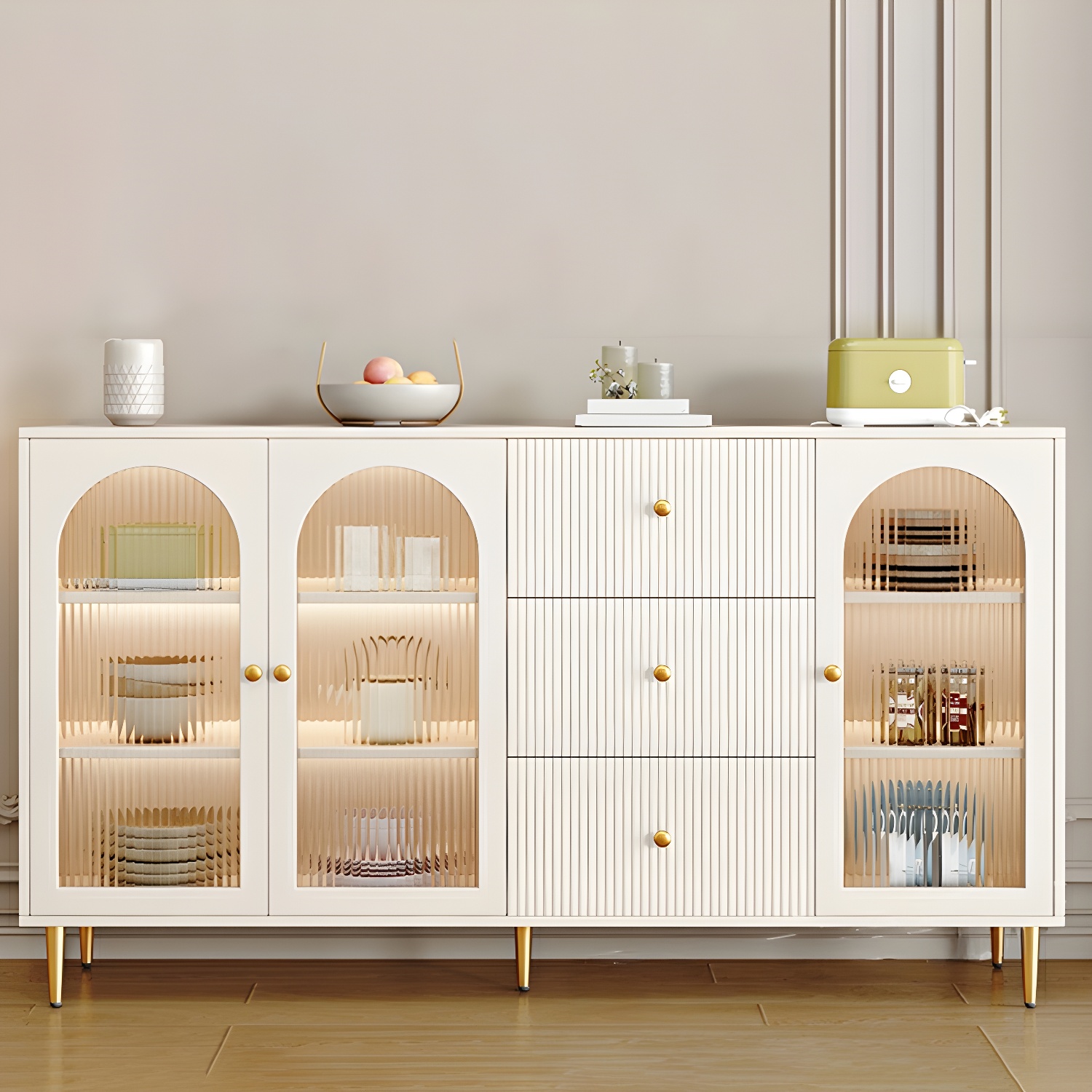 Glam White Wood Sideboard Credenza with Glass Doors and Adjustable Shelves - image 14