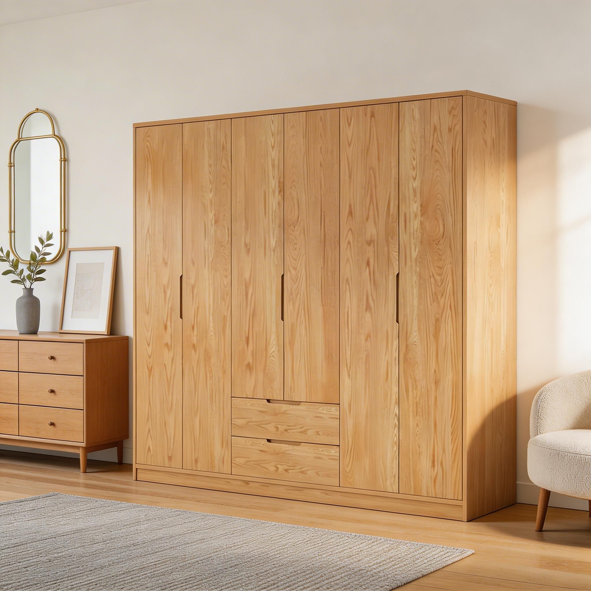 Modern Natural Wood Wardrobe Armoire with Sliding Doors, Drawers, and Shelves - image 56