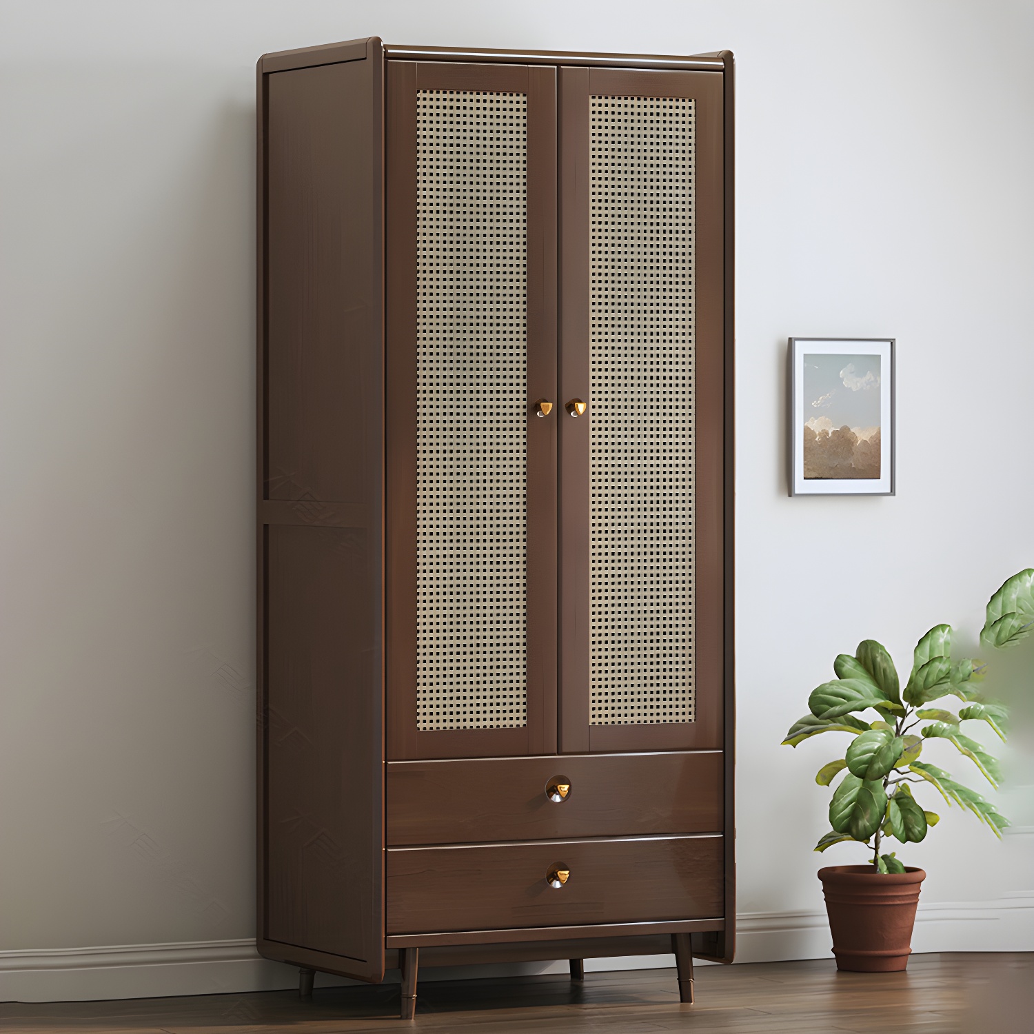 Rubberwood Solid Wood Frame Wardrobe Modern Rattan Hinged Doors with Legs
