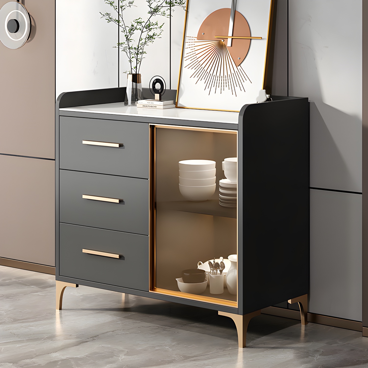 Glam Style Sideboard Wood Glass Doors Side Board with Cabinets and Drawers without Light - image 5