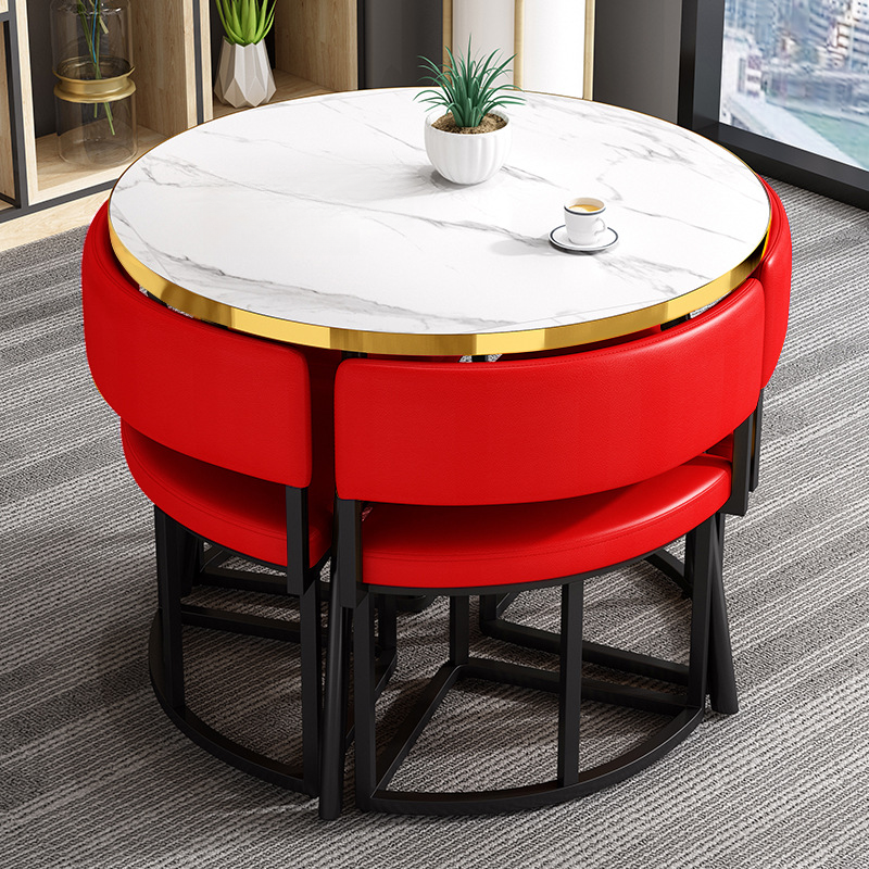 Art Deco Circular-shaped Upholstered Chair Metal & Faux Wood Dining Table Set with Upholstered Back in White, 5 Pieces - image 14