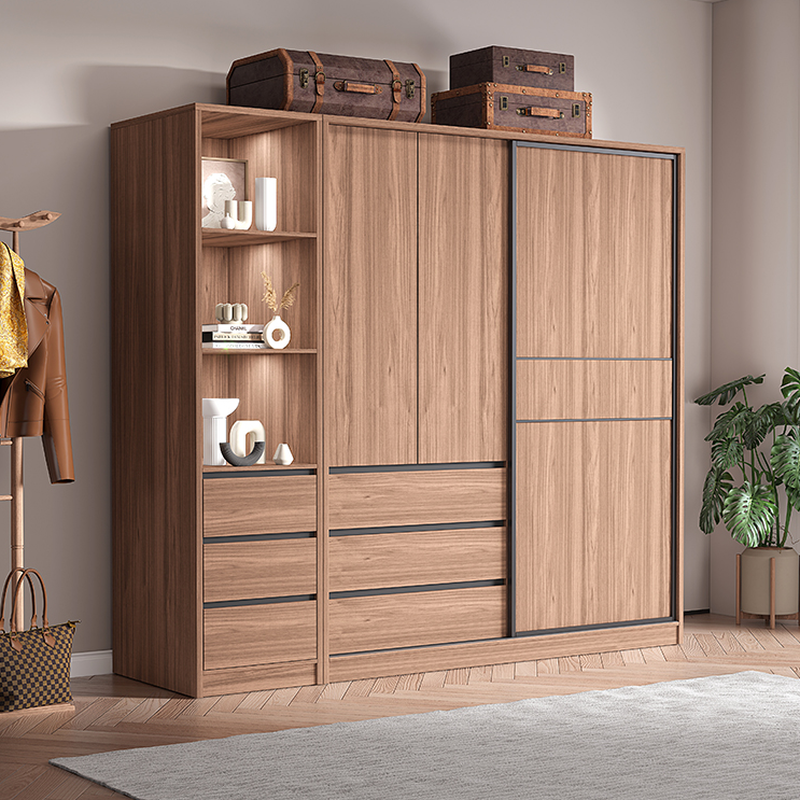 Modern Simple Style Sand Manufactured Wood Self-supporting Wardrobe with Soft Close Drawer, Interior Shelves & Soft Close Door