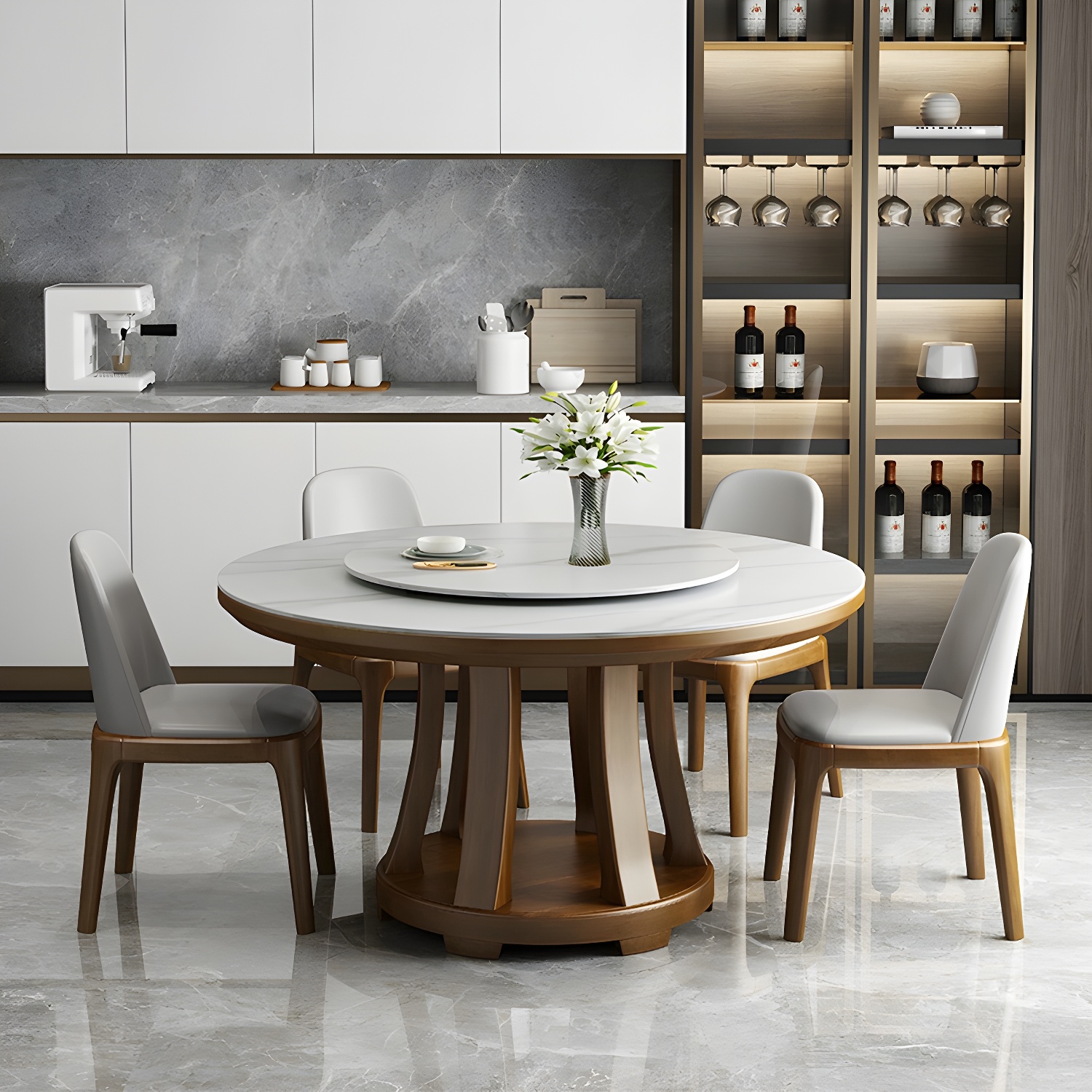 Modern Wood Dining Table Set with White Table top and Solid Wood Brown Base