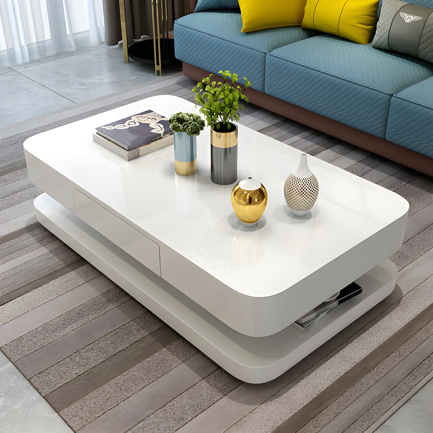 White Modern Coffee Table with Rectangular Wood Top & Block Base
