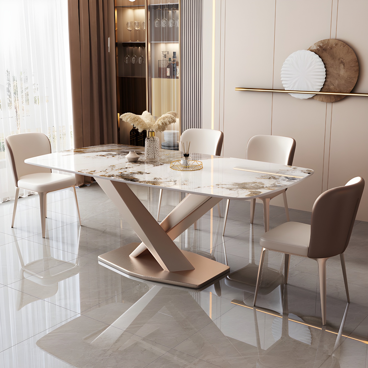 Modern Sintered Stone Top Dining Set Rectangle 1/2/5/7 Pieces Dinette Table Set in Gold