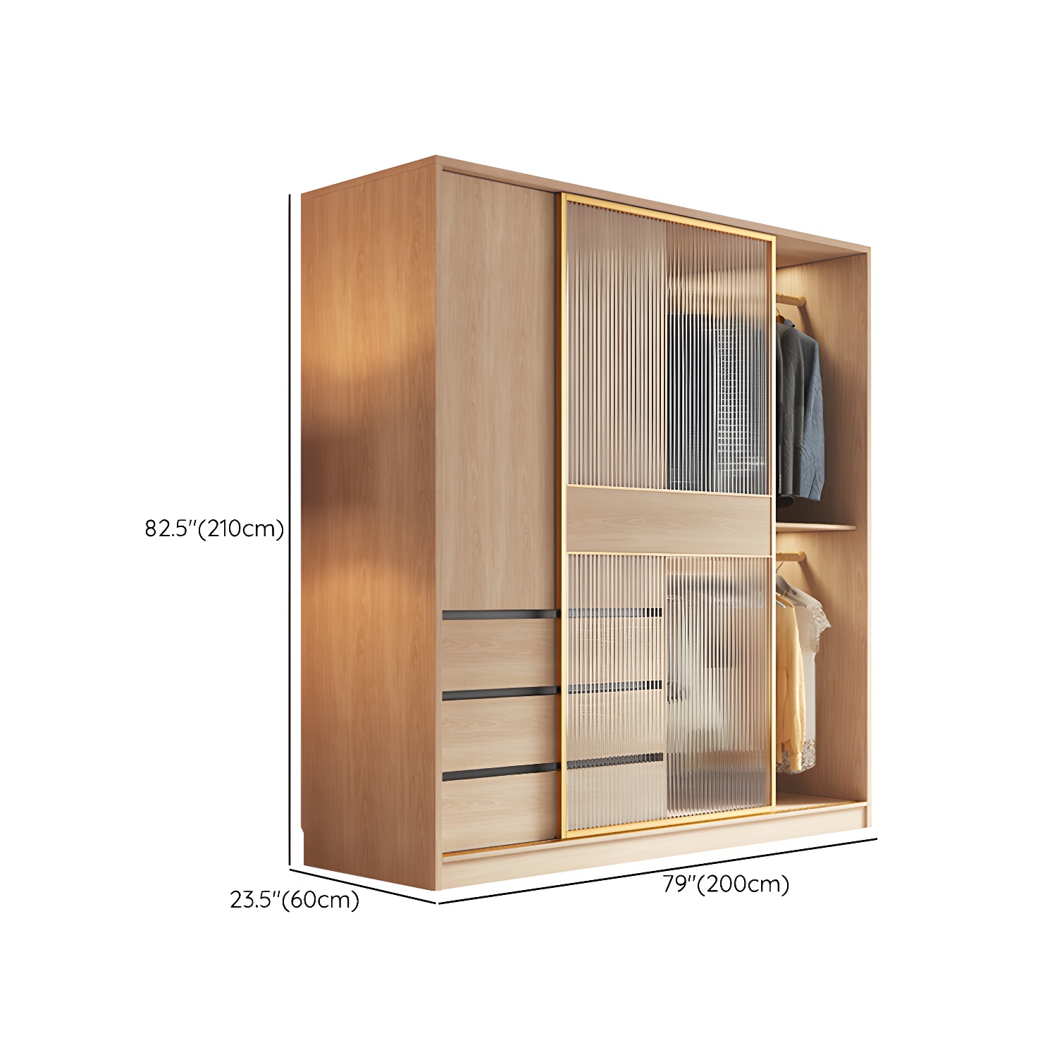 Contemporary Glass Sliding Doors Wardrobe Natural Wood Wardrobe with Drawers - image 16