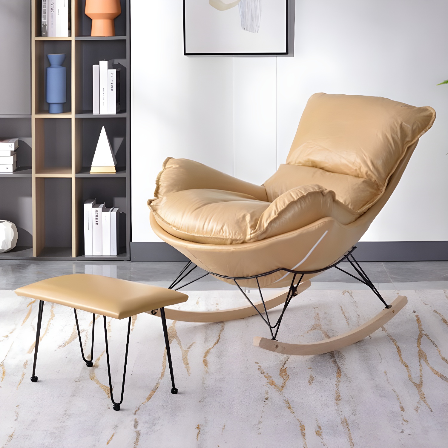 Modern Upholstered Rocking Chair with Ottoman Set - Natural Wood Legs - image 10