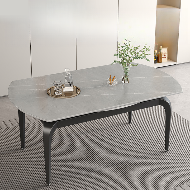 Minimalist Rounded Slate Stone Dining Table Set with 4 Legs and Padded Chair Back, Available in 9-piece/7 Piece Set/5-piece