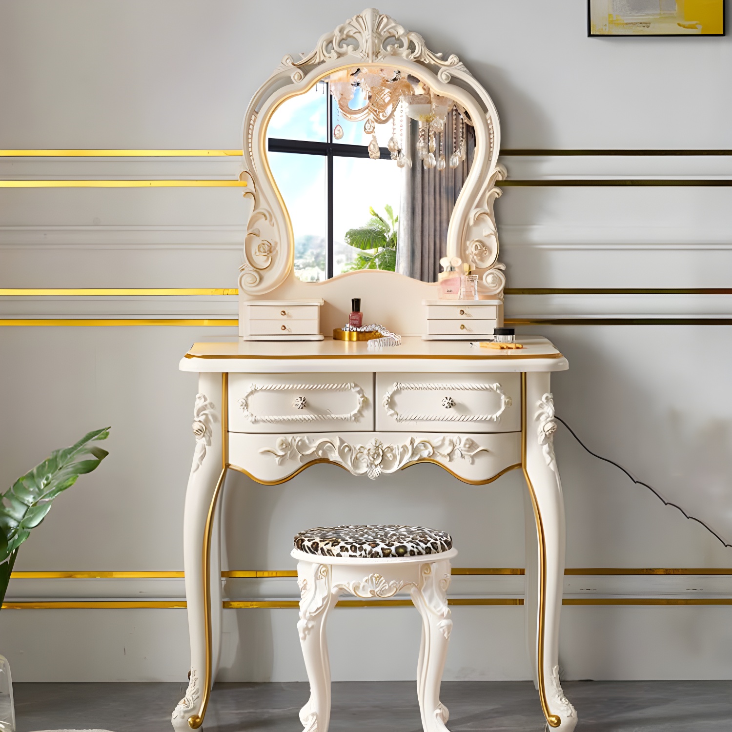 White Victorian Wood Vanity Dressing Table with Drawers Mirrored Makeup Vanity - image 3
