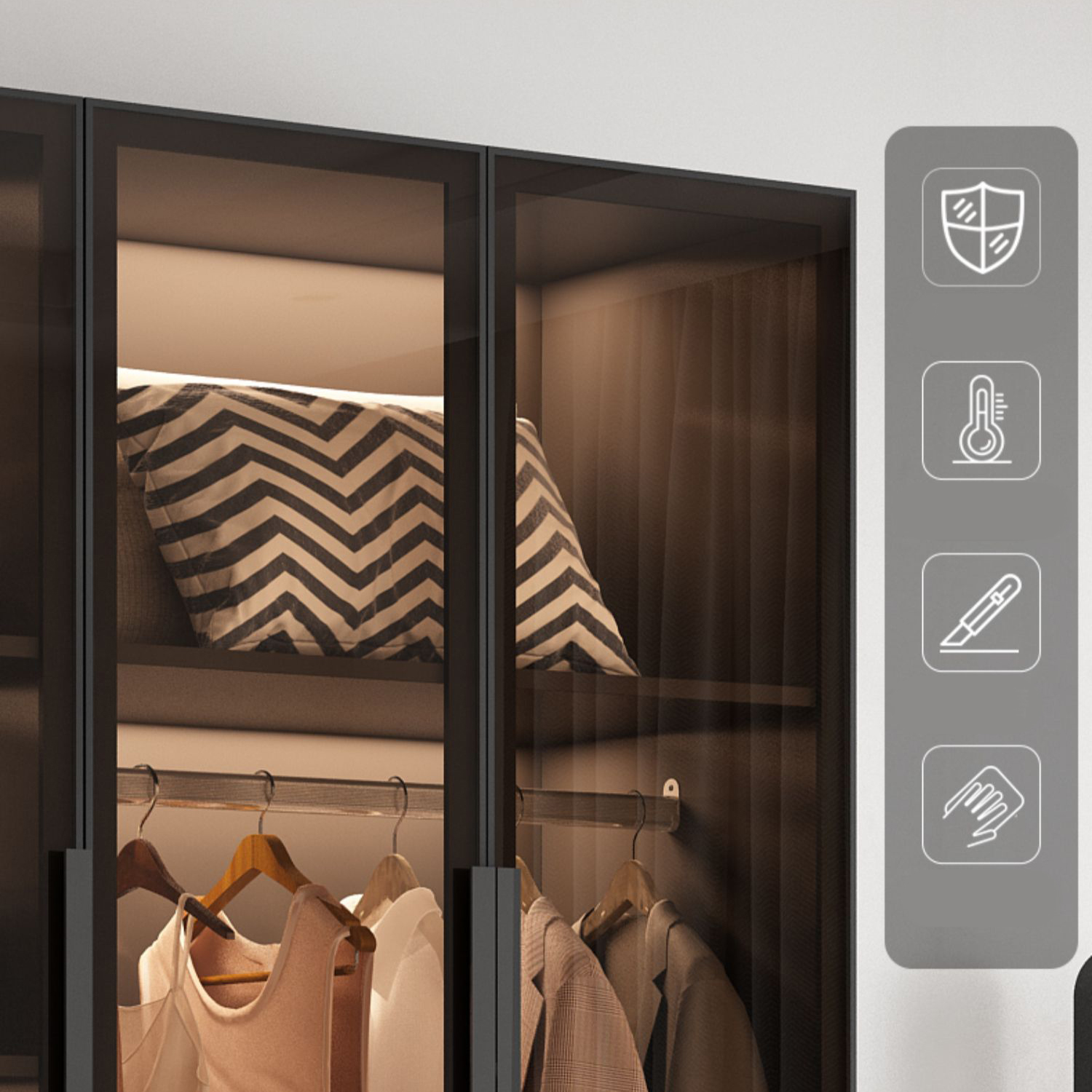 Freestanding Grey Wood Frame Wardrobe Modern Multifunctional Wardrobe with Glass Doors - image 6