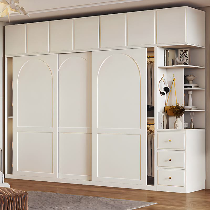 White Minimalist Wooden Wardrobe Closet with Soft Close Drawer, Soft Close Door, Interior Shelves, and Clothing Rod