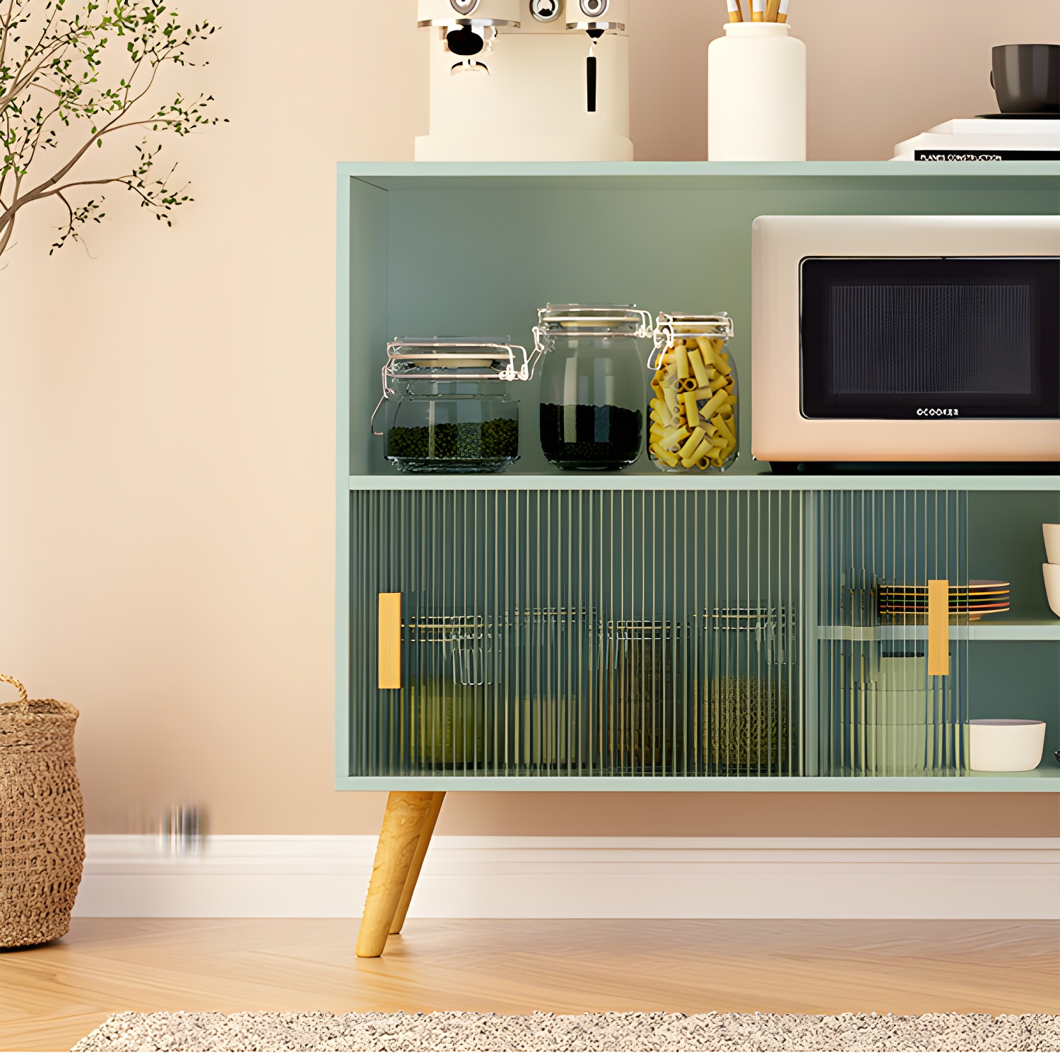 Scandinavian Wood Buffet Table with Acrylic Sliding Doors and Cabinet - image 14