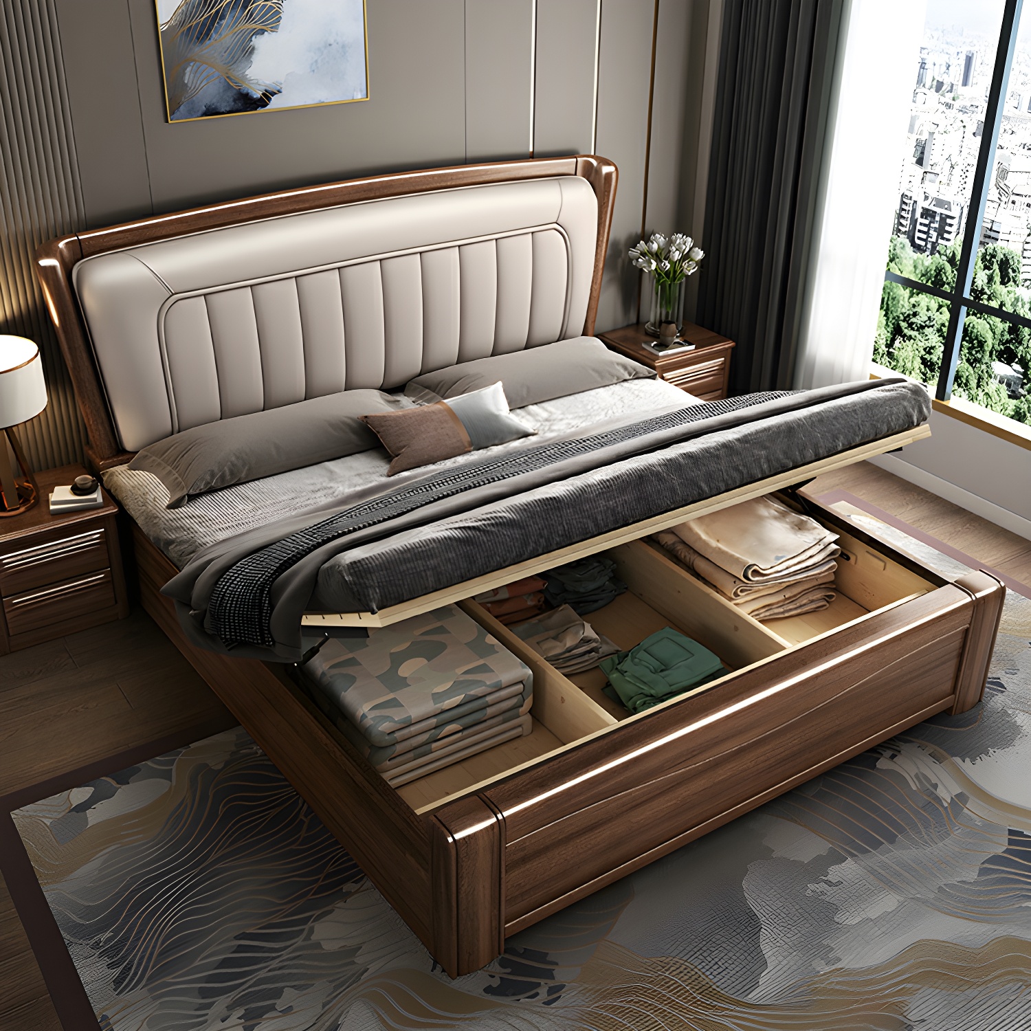 Traditional Walnut Wood Brown Bed with Rectangular Upholstered Headboard for Bedroom - image 3