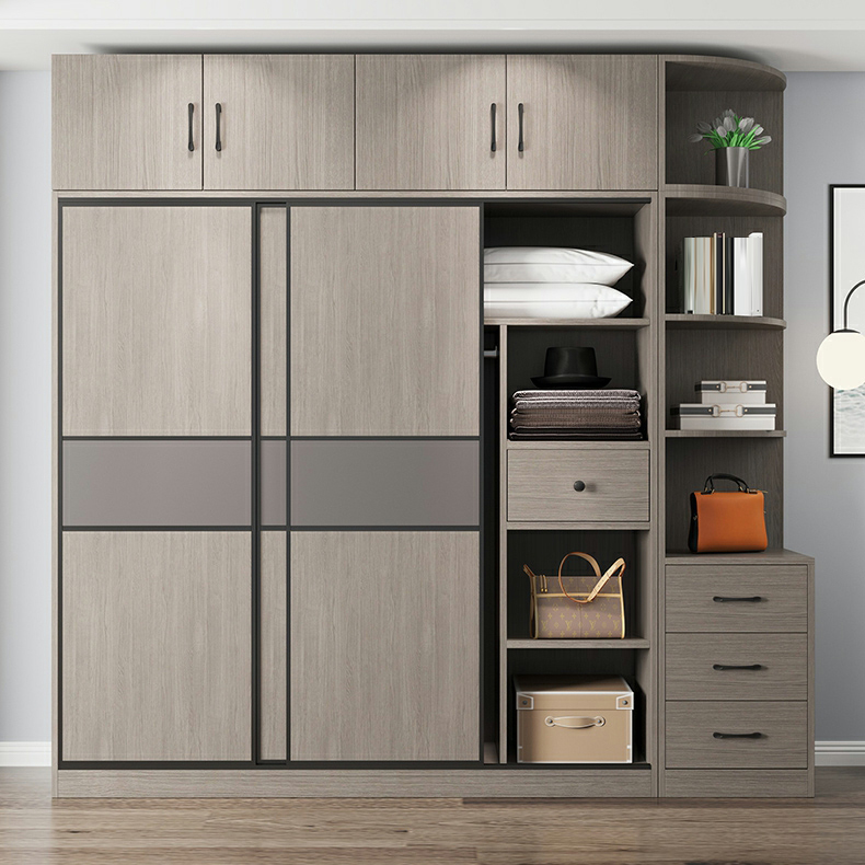 Contemporary Plate Storage Wood Wardrobe with Clothing Rod and Shelves in Light Grey