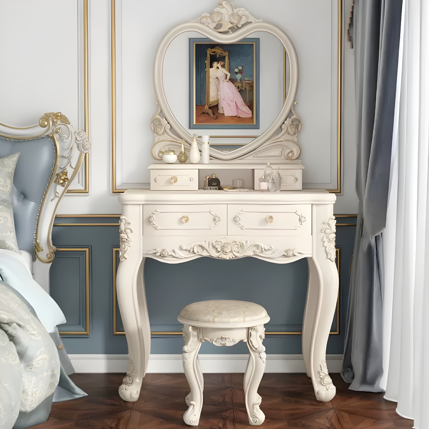 Elegant White Victorian Makeup Vanity Set with Wood Top & Mirror & Drawers & Upholstered Chair - image 4