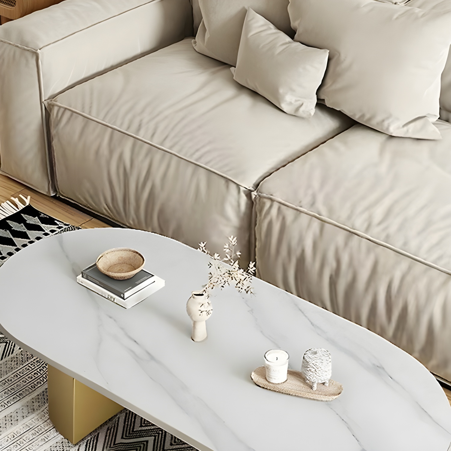 Modern Oval Stone Coffee Table with Double Pedestal Base for Living Room - image 7