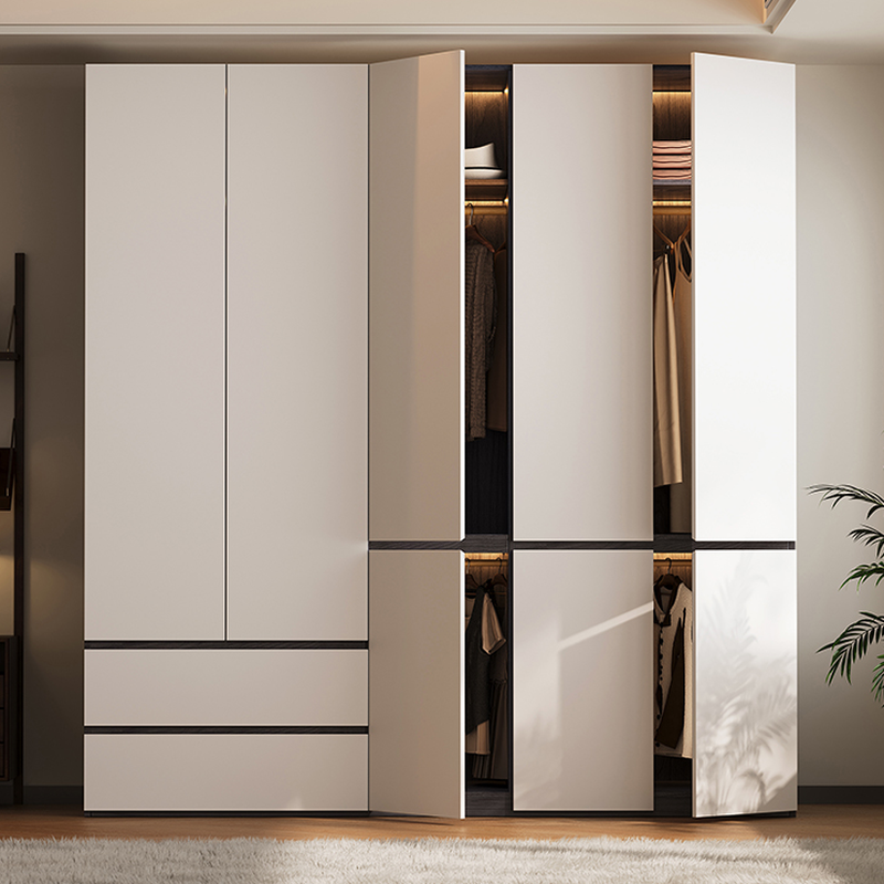 White Minimalist Manufactured Wood Independent Wardrobe Closet with Soft Close Drawer, Soft Close Door, and Interior Shelves