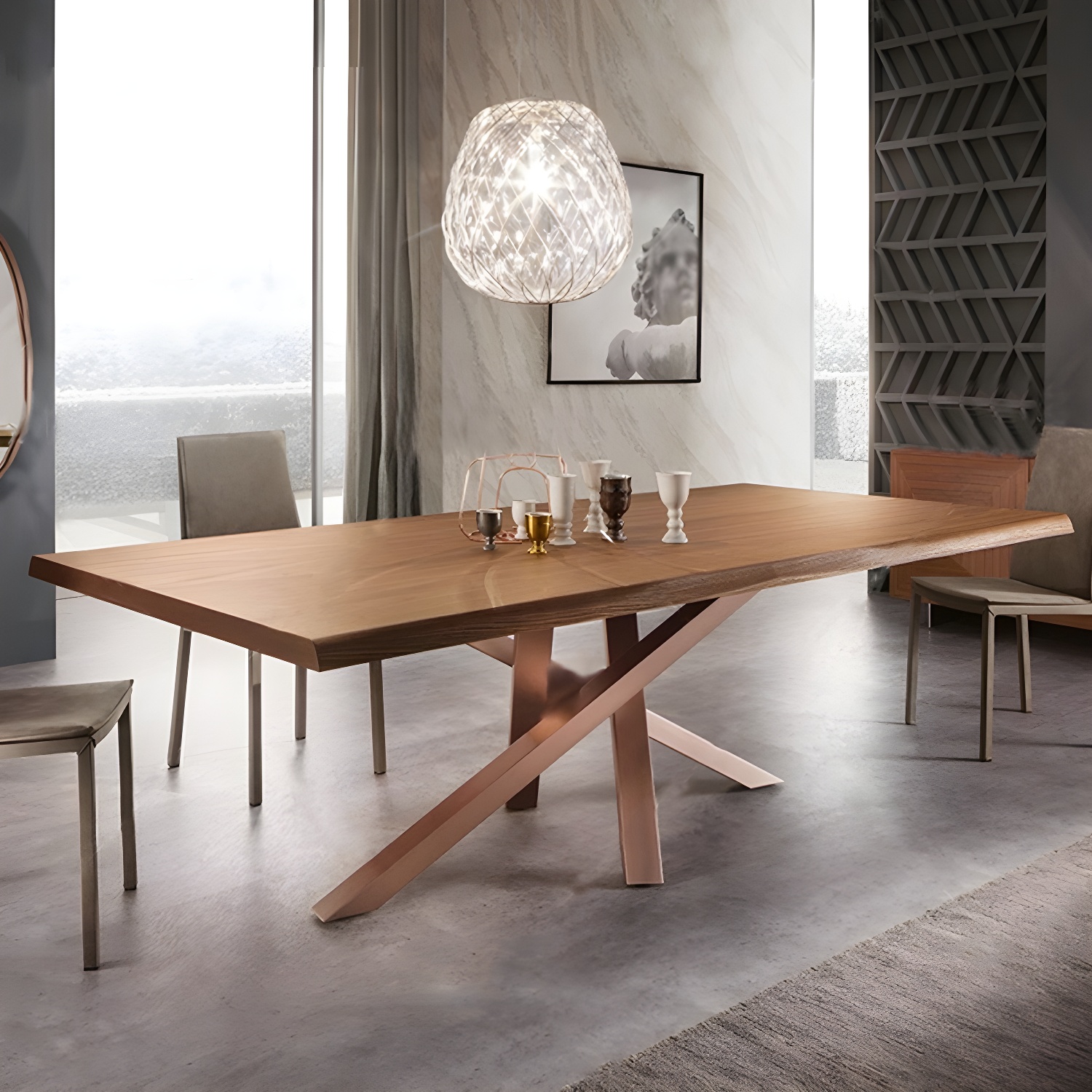 Rectangle Luxury Style Dining Table Solid Wood Fixed Table for Kitchen
