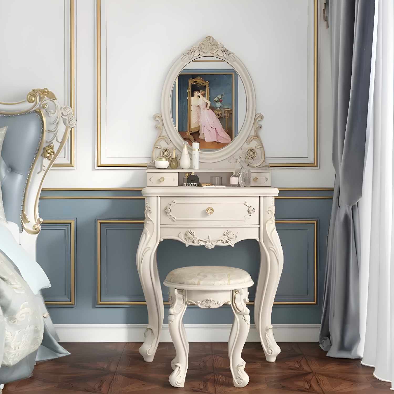 Elegant White Victorian Makeup Vanity Set with Wood Top & Mirror & Drawers & Upholstered Chair