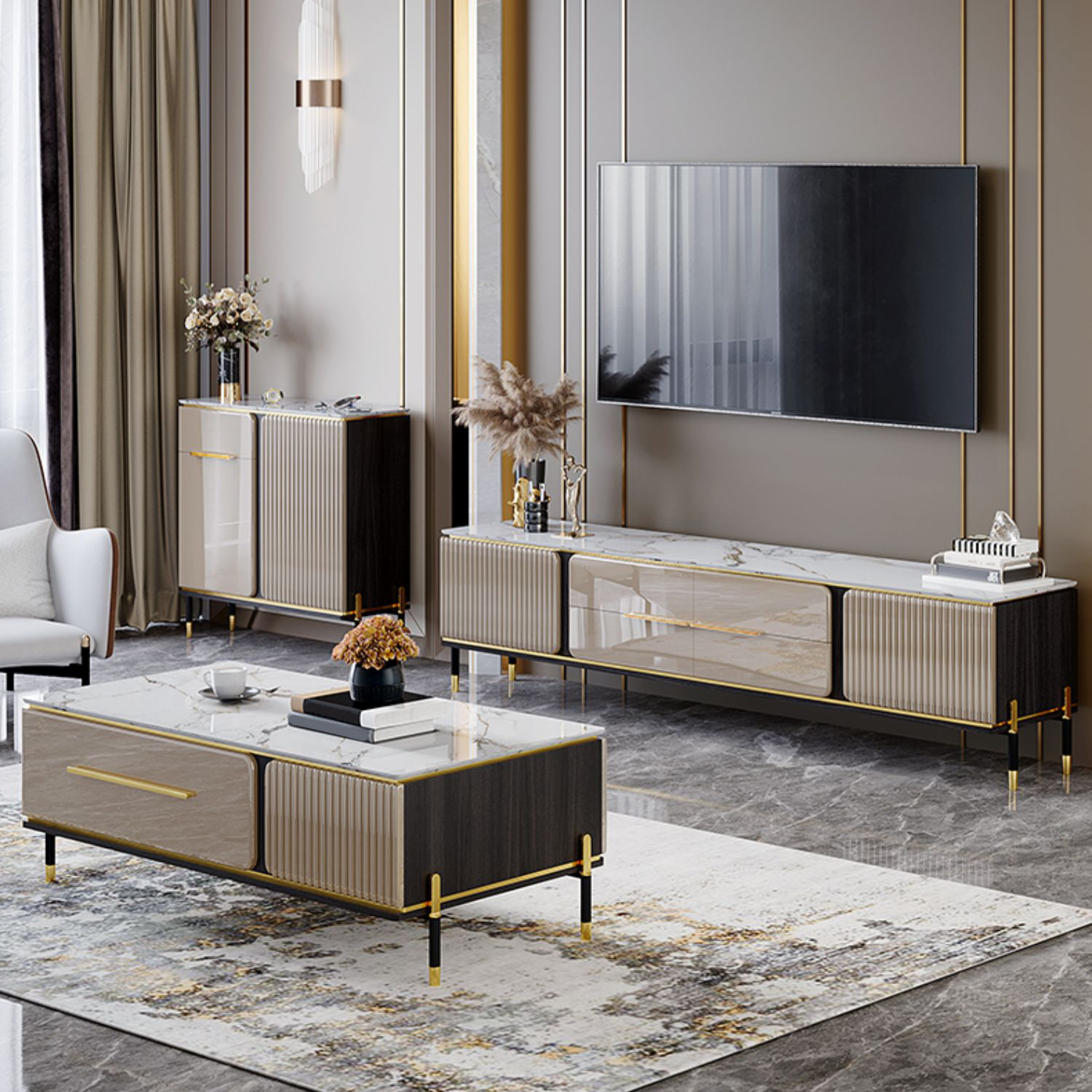 Stone Buffet Sideboard Glam Adjustable Shelves Buffet Credenza with Drawers and Cabinets - image 9