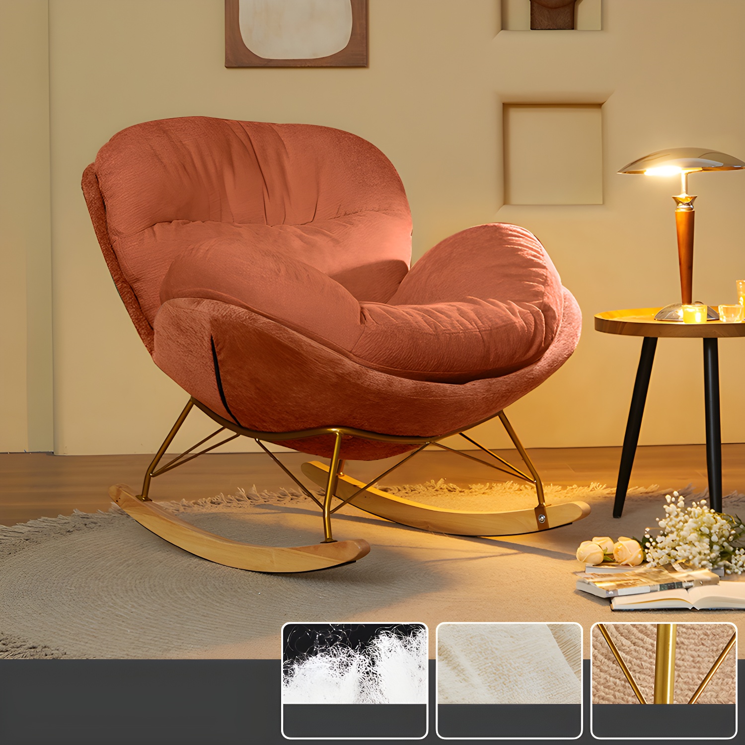 Scandinavia Rocking Accent Chair with Removable Cushions in Solid Wood