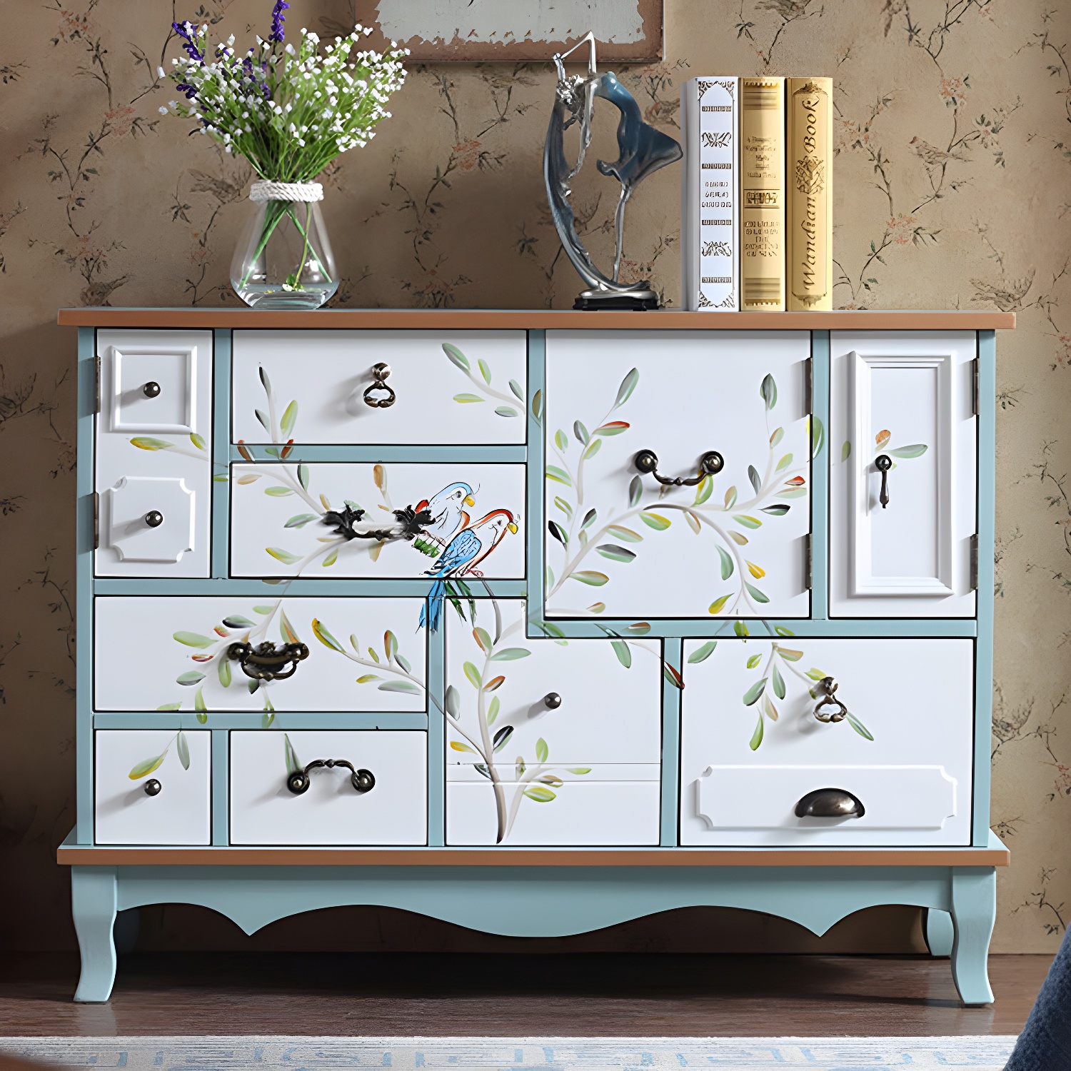 Industrial Painted Accent Cabinet with Drawers Solid Wood Chest - image 14