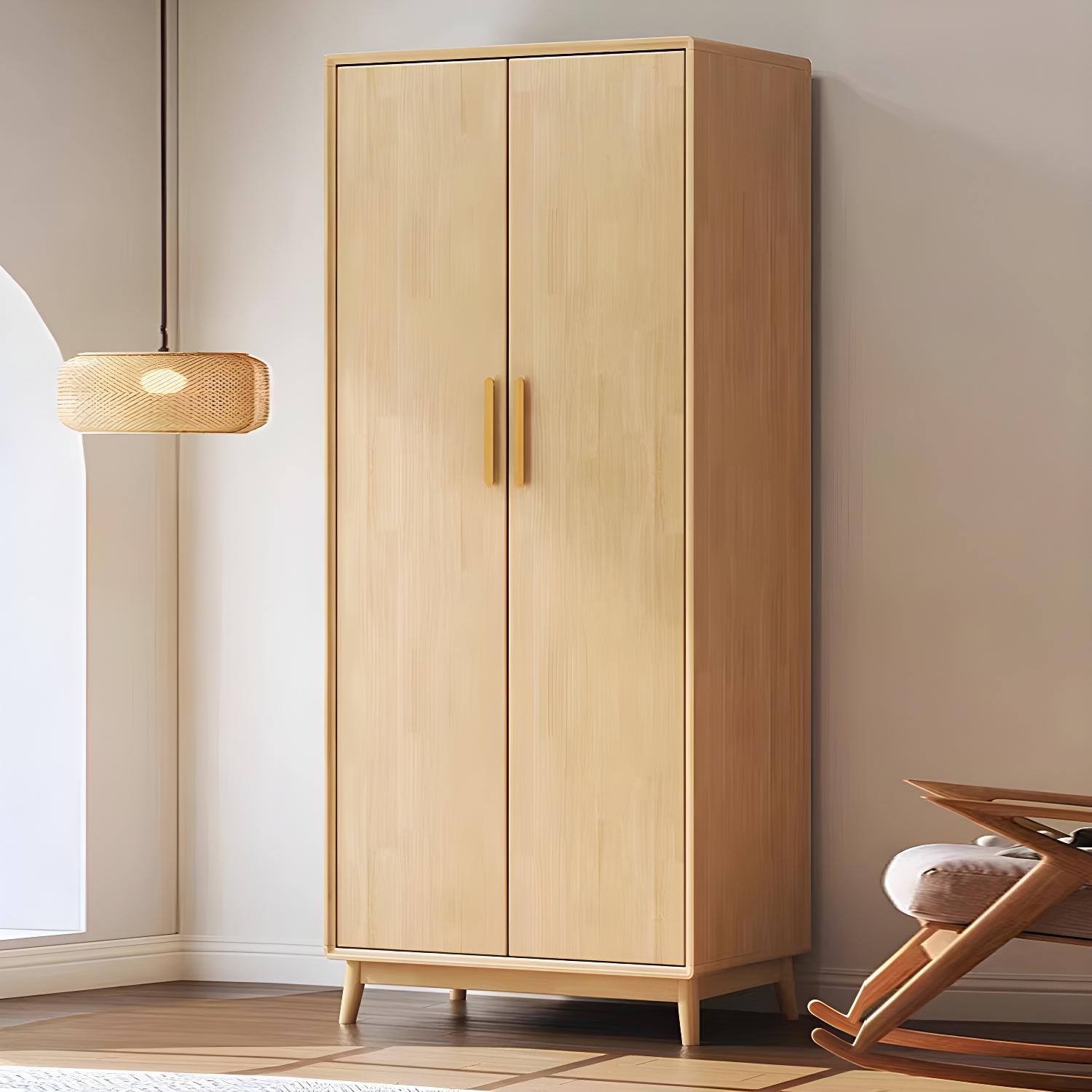 Scandinavian Natural Wood Wardrobe with Clothing Rod and Shelves for Bedroom - image 13